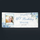 Elegant Blue Rose Floral Frame 40th Birthday Party Banner<br><div class="desc">Elegant blue and white with dusky sage green greenery floral frame "Happy Birthday" party celebration design.</div>