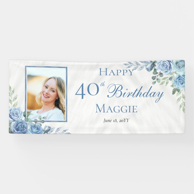 Elegant Blue Rose Floral Frame 40th Birthday Party Banner (Horizontal)