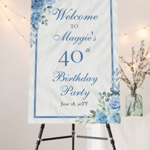 Elegant Blue Rose Floral Frame 40th Birthday Party Foam Board