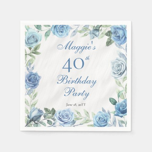 Elegant Blue Rose Floral Frame 40th Birthday Party Napkins