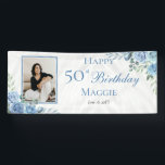 Elegant Blue Rose Floral Frame 50th Birthday Party Banner<br><div class="desc">Elegant blue and white with dusky sage green greenery floral frame "Happy Birthday" party celebration design.</div>