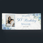 Elegant Blue Rose Floral Frame 50th Birthday Party Banner<br><div class="desc">Elegant blue and white with dusky sage green greenery floral frame "Happy Birthday" party celebration design.</div>