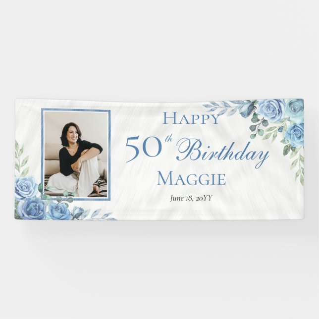 Elegant Blue Rose Floral Frame 50th Birthday Party Banner (Horizontal)