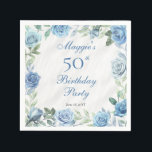 Elegant Blue Rose Floral Frame 50th Birthday Party Napkins<br><div class="desc">Elegant blue and white with dusky sage green greenery floral frame birthday party celebration design.</div>