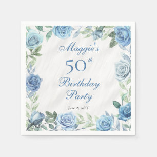 Elegant Blue Rose Floral Frame 50th Birthday Party Napkins