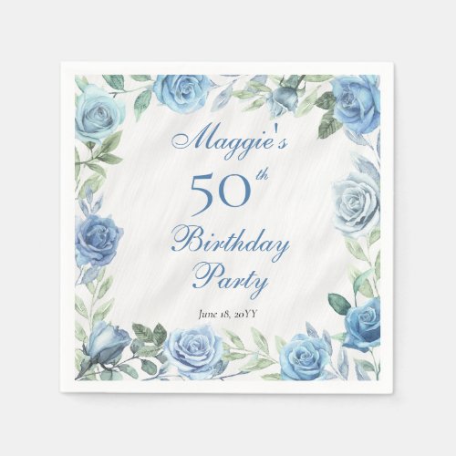 Elegant Blue Rose Floral Frame 50th Birthday Party Napkins