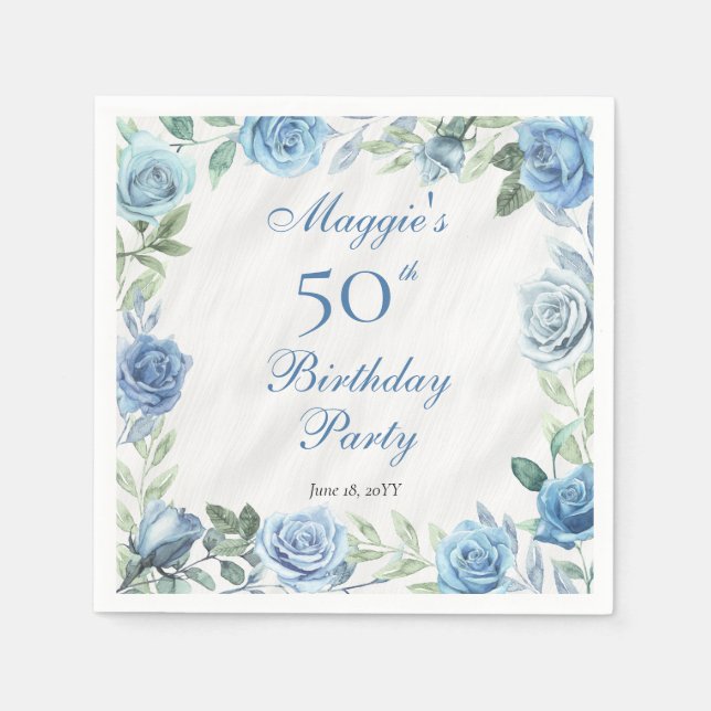 Elegant Blue Rose Floral Frame 50th Birthday Party Napkins (Front)