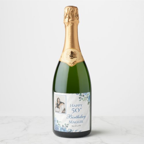 Elegant Blue Rose Floral Frame 50th Birthday Party Sparkling Wine Label