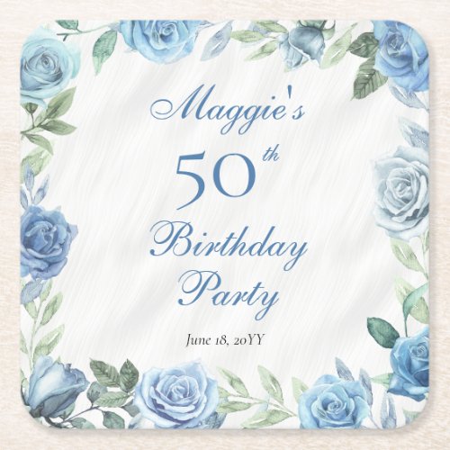 Elegant Blue Rose Floral Frame 50th Birthday Party Square Paper Coaster