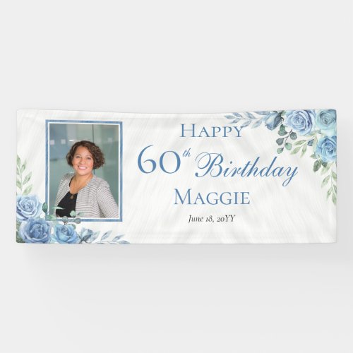 Elegant Blue Rose Floral Frame 60th Birthday Party Banner
