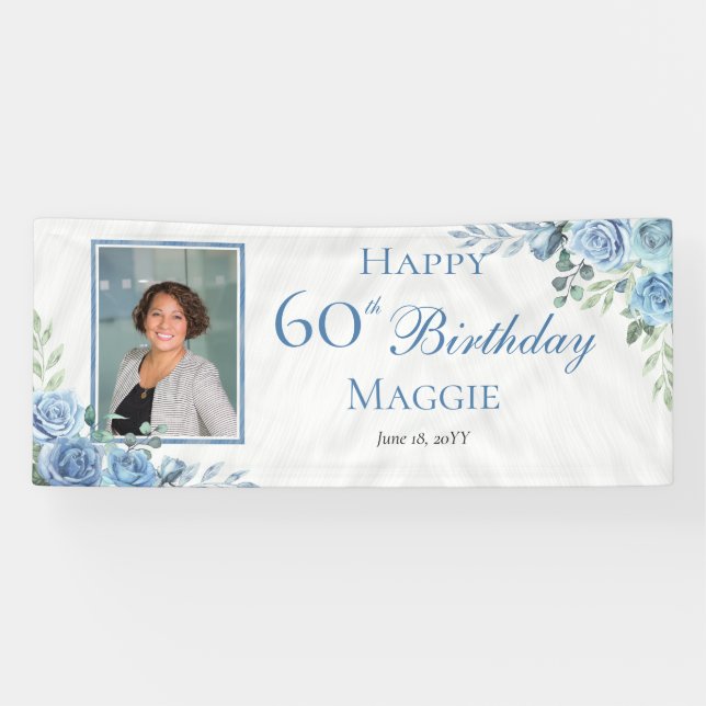 Elegant Blue Rose Floral Frame 60th Birthday Party Banner (Horizontal)