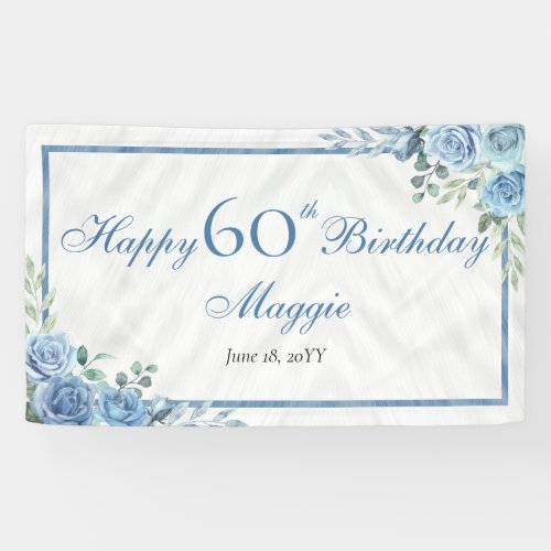 Elegant Blue Rose Floral Frame 60th Birthday Party Banner