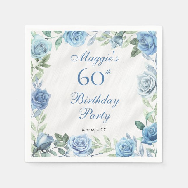 Elegant Blue Rose Floral Frame 60th Birthday Party Napkins (Front)