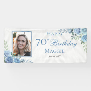 Elegant Blue Rose Floral Frame 70th Birthday Party Banner