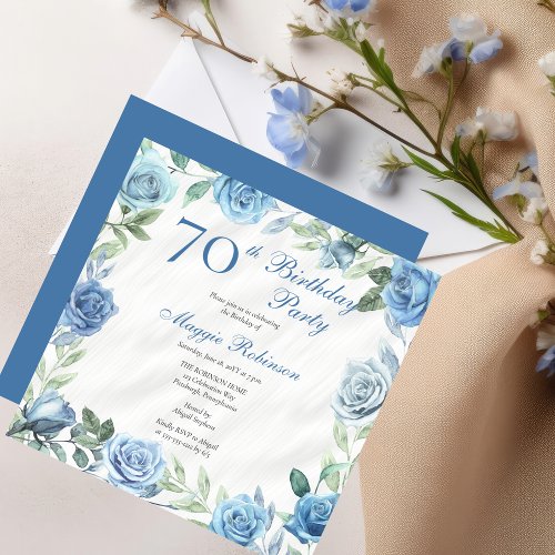 Elegant Blue Rose Floral Frame 70th Birthday Party Invitation