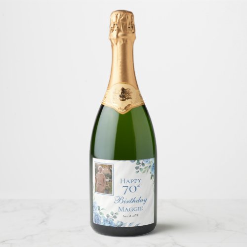 Elegant Blue Rose Floral Frame 70th Birthday Party Sparkling Wine Label