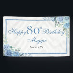 Elegant Blue Rose Floral Frame 80th Birthday Party Banner<br><div class="desc">Elegant blue and white with dusky sage green greenery floral frame "Happy Birthday" party celebration design.</div>