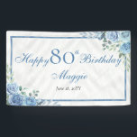 Elegant Blue Rose Floral Frame 80th Birthday Party Banner<br><div class="desc">Elegant blue and white with dusky sage green greenery floral frame "Happy Birthday" party celebration design.</div>