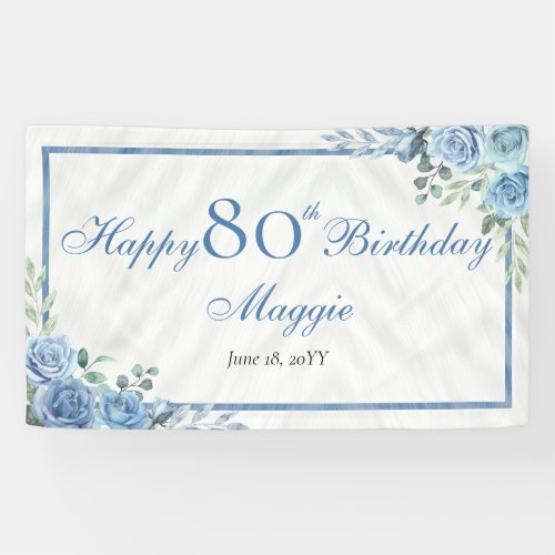 Elegant Blue Rose Floral Frame 80th Birthday Party Banner