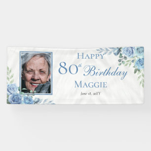 Elegant Blue Rose Floral Frame 80th Birthday Party Banner