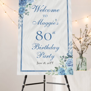 Elegant Blue Rose Floral Frame 80th Birthday Party Foam Board