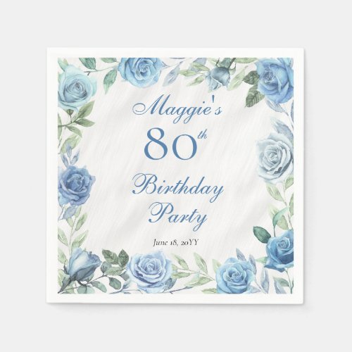 Elegant Blue Rose Floral Frame 80th Birthday Party Napkins