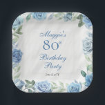 Elegant Blue Rose Floral Frame 80th Birthday Party Paper Plates<br><div class="desc">Elegant blue and white with dusky sage green greenery floral frame birthday party celebration design.</div>