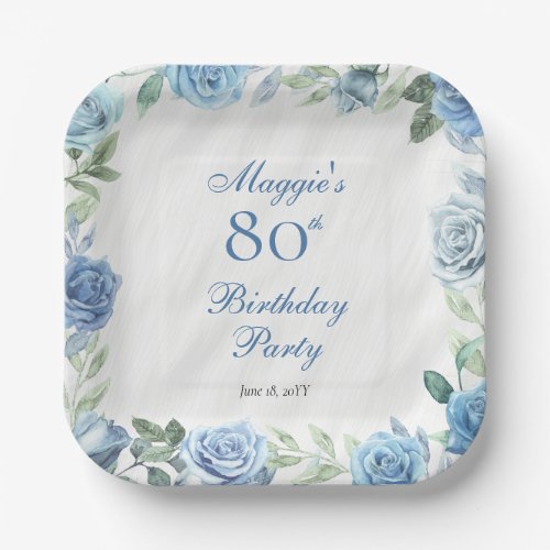 Elegant Blue Rose Floral Frame 80th Birthday Party Paper Plates