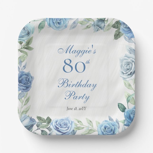 Elegant Blue Rose Floral Frame 80th Birthday Party Paper Plates (Front)