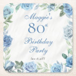 Elegant Blue Rose Floral Frame 80th Birthday Party Square Paper Coaster<br><div class="desc">Elegant blue and white with dusky sage green greenery floral frame birthday party celebration design.</div>
