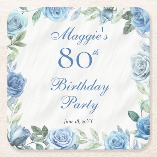 Elegant Blue Rose Floral Frame 80th Birthday Party Square Paper Coaster