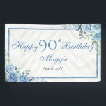 Elegant Blue Rose Floral Frame 90th Birthday Party Banner<br><div class="desc">Elegant blue and white with dusky sage green greenery floral frame "Happy Birthday" party celebration design.</div>