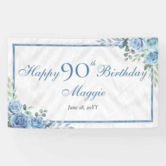 Elegant Blue Rose Floral Frame 90th Birthday Party Banner (Horizontal)