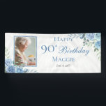 Elegant Blue Rose Floral Frame 90th Birthday Party Banner<br><div class="desc">Elegant blue and white with dusky sage green greenery floral frame "Happy Birthday" party celebration design.</div>
