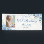 Elegant Blue Rose Floral Frame 90th Birthday Party Banner<br><div class="desc">Elegant blue and white with dusky sage green greenery floral frame "Happy Birthday" party celebration design.</div>