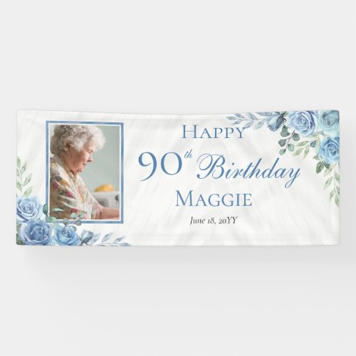 Elegant Blue Rose Floral Frame 90th Birthday Party Banner