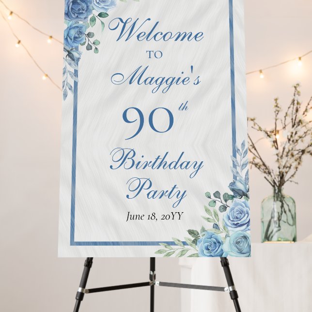 Elegant Blue Rose Floral Frame 90th Birthday Party Foam Board (In Situ (Stand))
