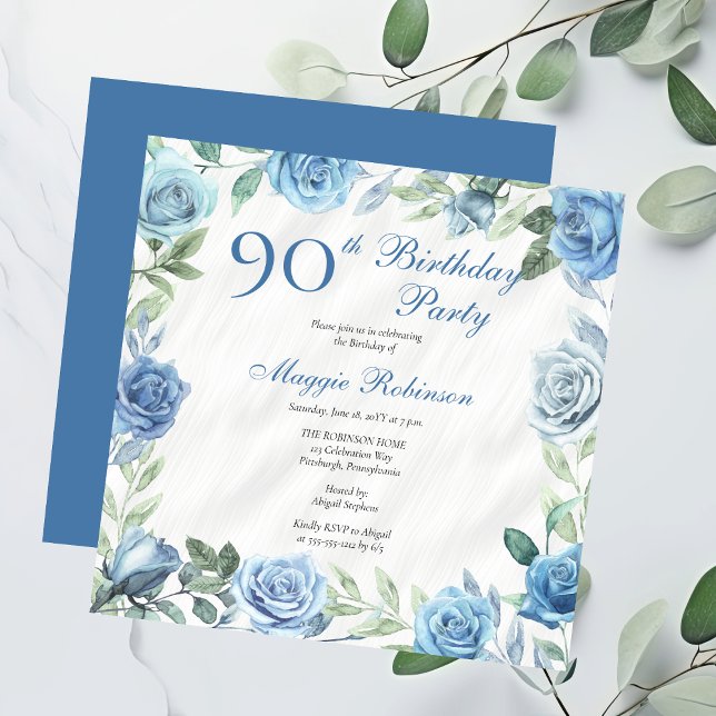 Elegant Blue Rose Floral Frame 90th Birthday Party Invitation (Elegant Blue Roses Floral Frame 90th Birthday Party Invitation - Available in Print and/or Digital)