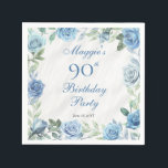 Elegant Blue Rose Floral Frame 90th Birthday Party Napkins<br><div class="desc">Elegant blue and white with dusky sage green greenery floral frame birthday party celebration design.</div>