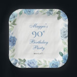 Elegant Blue Rose Floral Frame 90th Birthday Party Paper Plates<br><div class="desc">Elegant blue and white with dusky sage green greenery floral frame birthday party celebration design.</div>