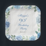 Elegant Blue Rose Floral Frame 90th Birthday Party Paper Plates<br><div class="desc">Elegant blue and white with dusky sage green greenery floral frame birthday party celebration design.</div>