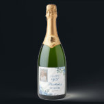 Elegant Blue Rose Floral Frame 90th Birthday Party Sparkling Wine Label<br><div class="desc">Elegant blue and white with dusky sage green greenery floral frame "Happy Birthday" party celebration design.</div>
