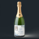 Elegant Blue Rose Floral Frame 90th Birthday Party Sparkling Wine Label<br><div class="desc">Elegant blue and white with dusky sage green greenery floral frame "Happy Birthday" party celebration design.</div>