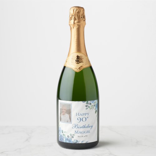 Elegant Blue Rose Floral Frame 90th Birthday Party Sparkling Wine Label