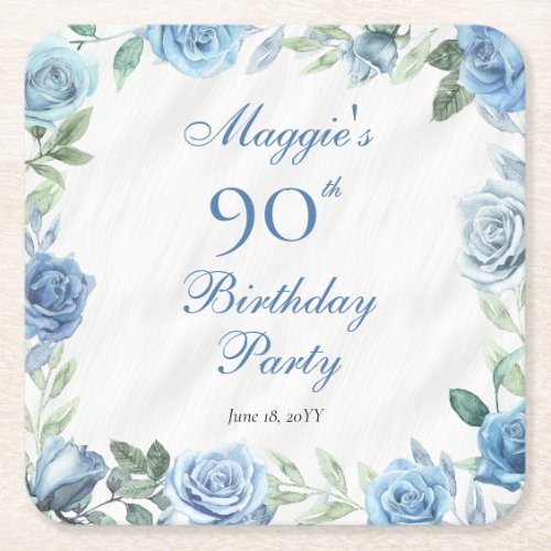 Elegant Blue Rose Floral Frame 90th Birthday Party Square Paper Coaster