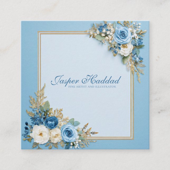Elegant Blue Rose Floral Gold Frame Modern Powder Square Business Card (Front)