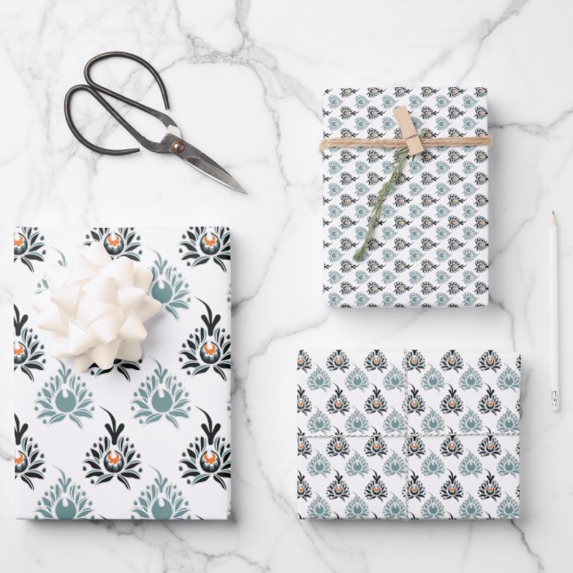 Elegant Blue Rose Floral Pattern Wrapping Paper Sheets (Front)