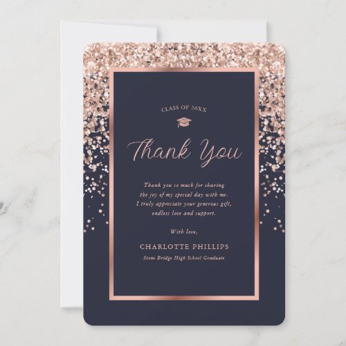 Elegant Blue Rose Gold Confetti Photo Graduation Thank You Card