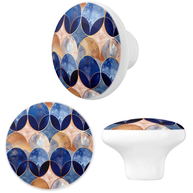 Elegant Blue + Rose Gold Geometric Pattern Ceramic Knob (Add style and glam elegance to your furniture, drawers or cabinets with these blue + rose gold knobs)