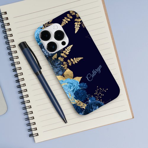 Elegant Blue Rose Gold Leaf Case_Mate iPhone 14 Pro Case